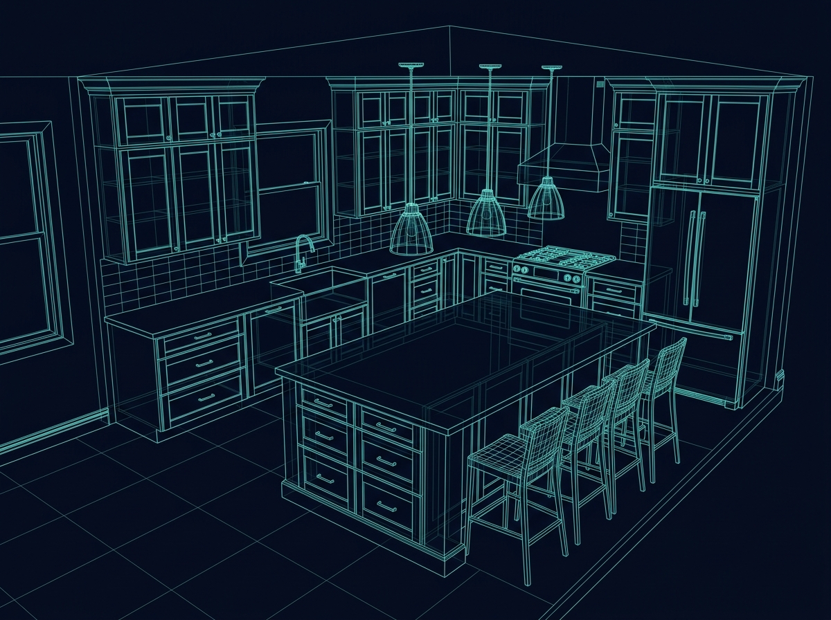 3D wireframe design concept of white oak kitchen
