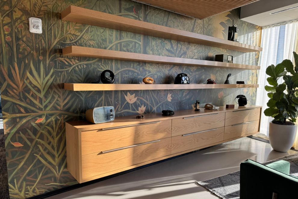 Floating shelves and credenza